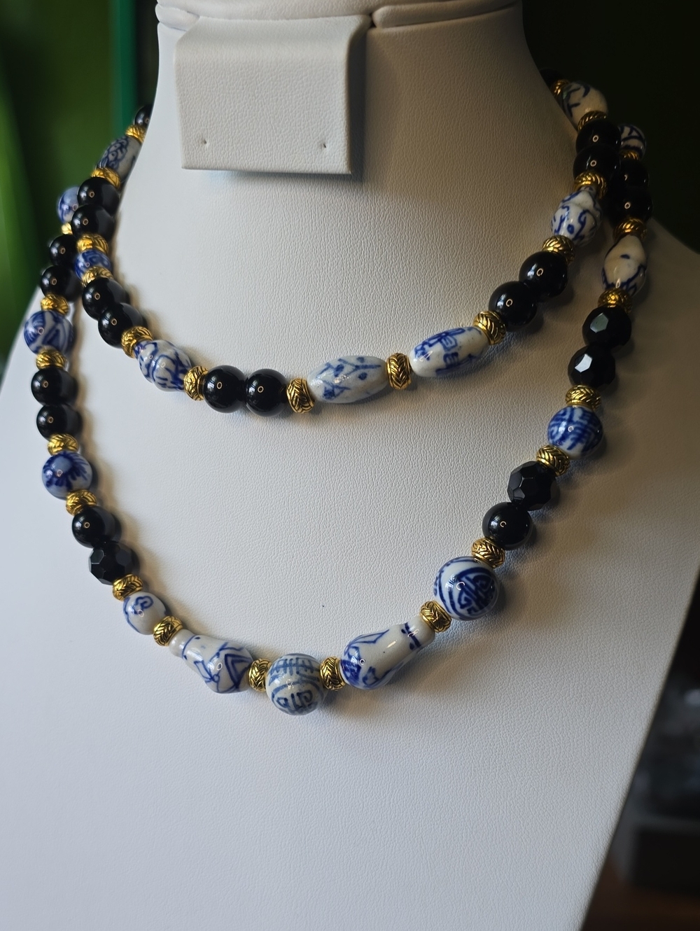 Handcrafted Blue & Black Porcelain Bead Necklace - Elegant Women's Jewelry